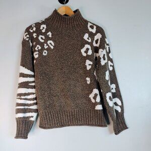 Nine West Brown and White Animal Print Turtleneck Knitted Sweater Size S Cozy